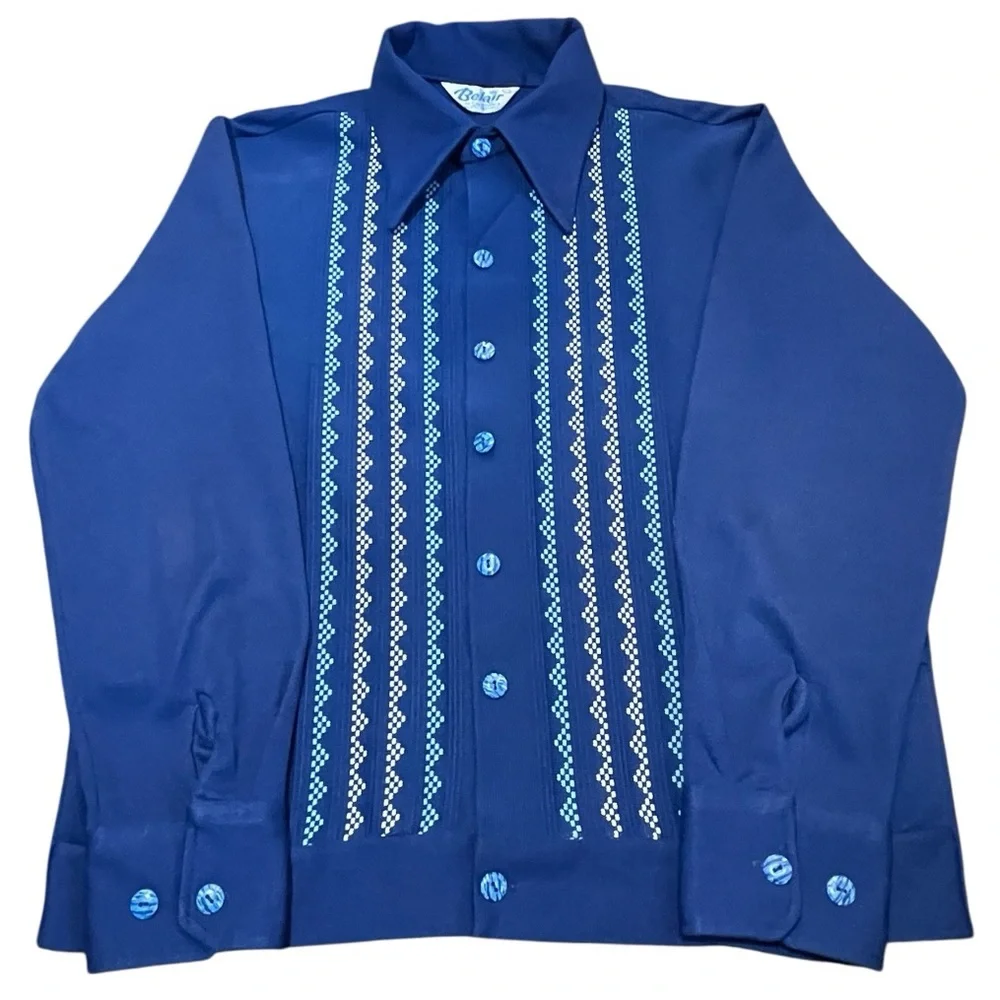 Vintage MCM Cobalt Blue Button Down‎ Shirt / Cardigan With Geo Print Strips L